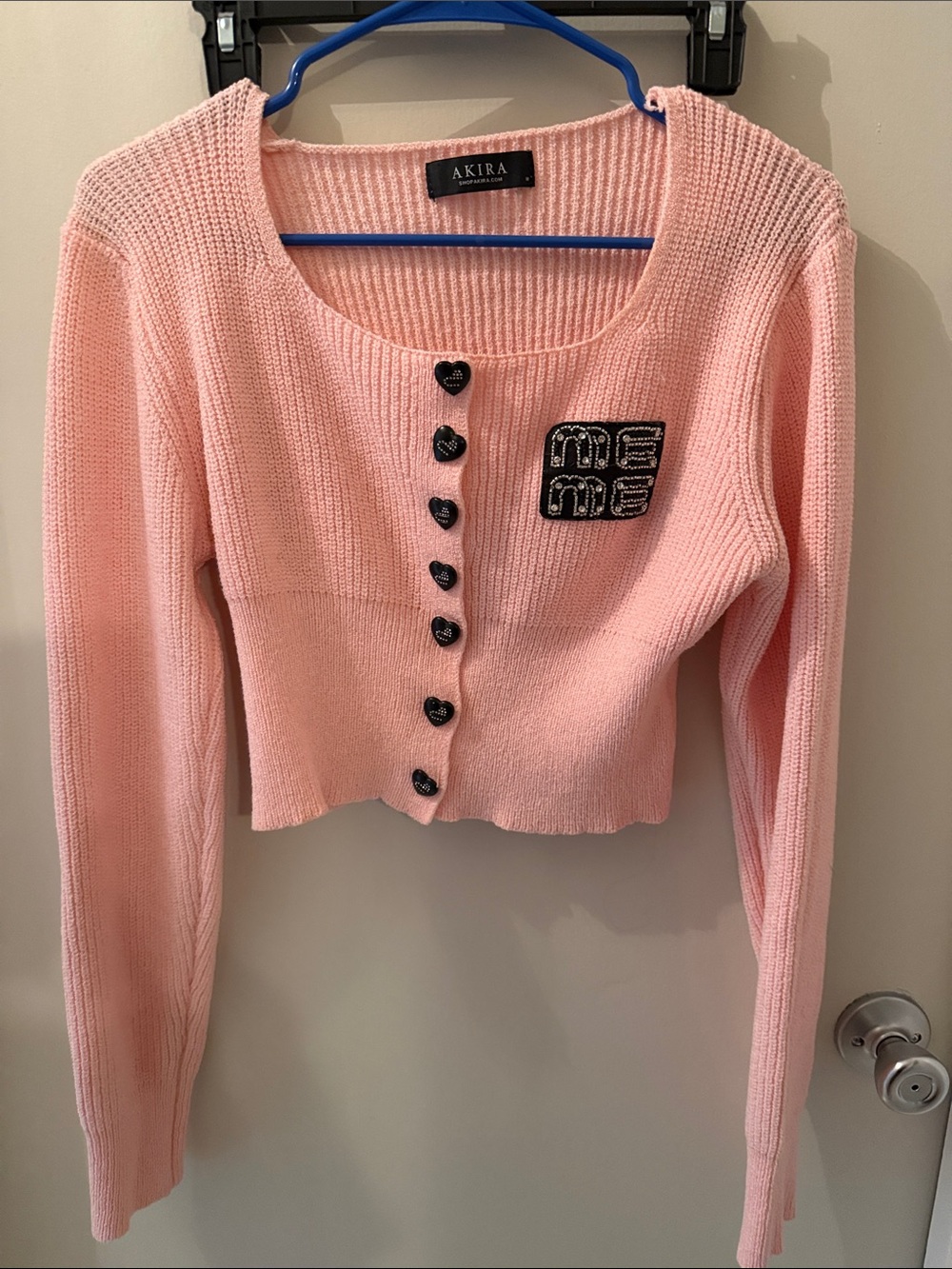 AKIRA Soft Pink Cropped Cardigan with Black Heart Buttons